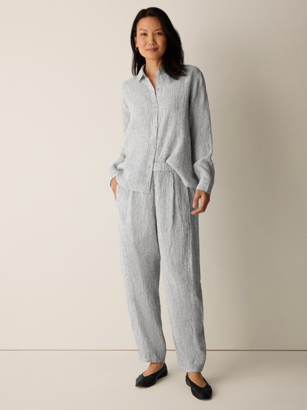 Eileen Fisher Puckered Organic Linen Stripe Lantern Pant Medium